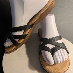 Women's Size 7 Bass Sunjun Black Slide Sandals with Cushioned Tan Footbed